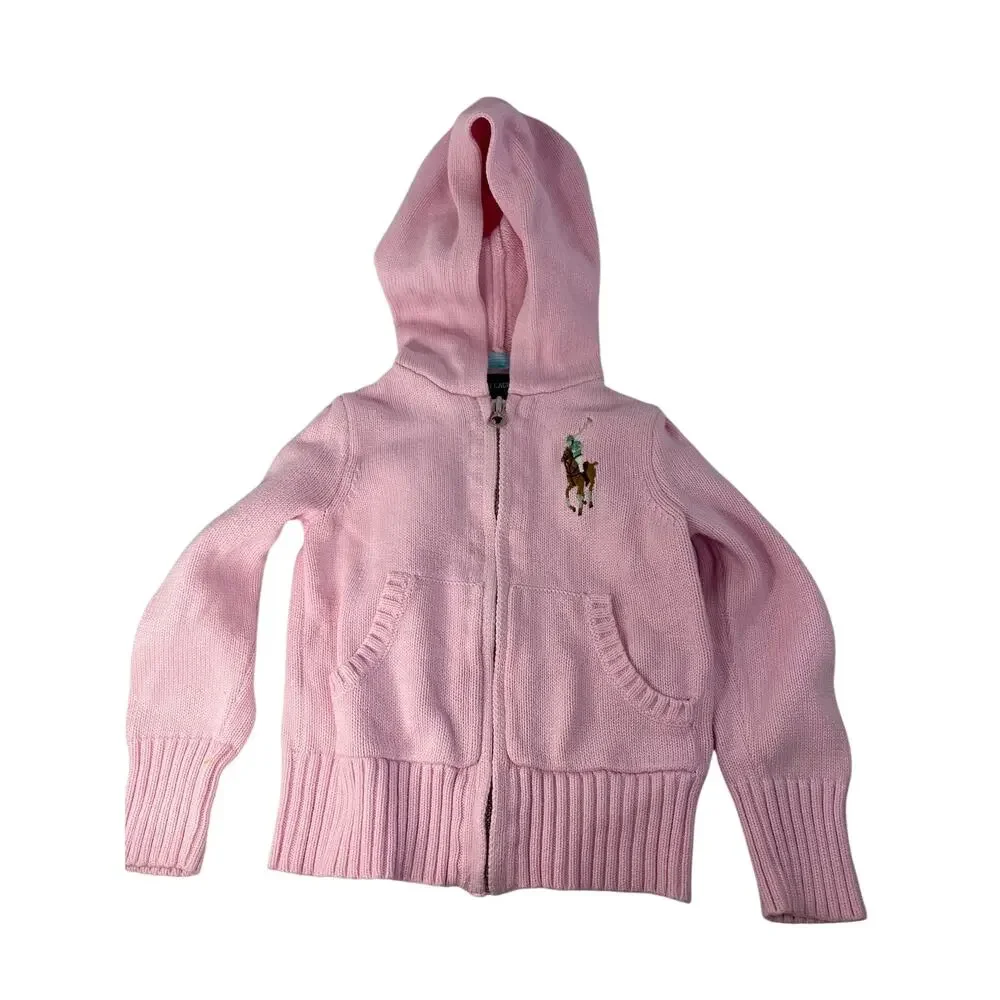 Ralph Lauren Girls 2T Pink Cotton Knit Zip Up Big Pony Hoodie Sweater Cardigan